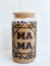 Load image into Gallery viewer, Varsity Mama 16oz Glass Can Cup with Bamboo Lid
