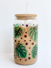 Load image into Gallery viewer, Monstera Leaf Wrap 16oz Glass Can Cup with Bamboo Lid