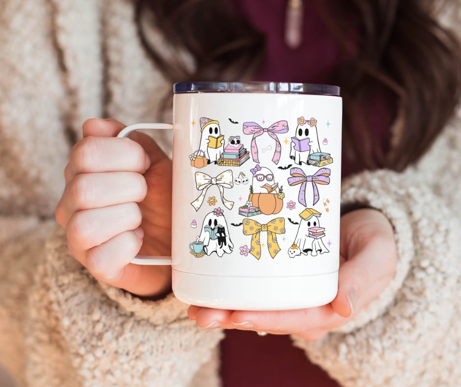 Coquette Bows and Book Ghosts 12oz Travel Mug