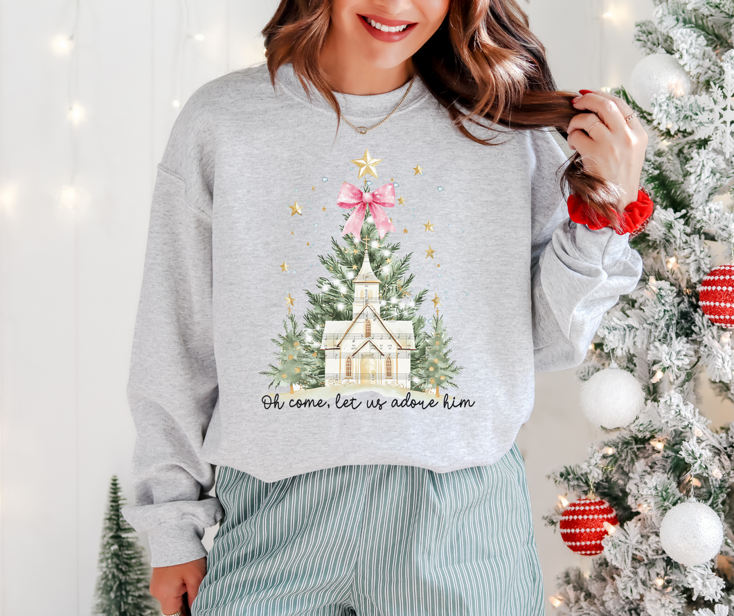 Music Church Tree Come Let Us Adore Him Crewneck Sweatshirt
