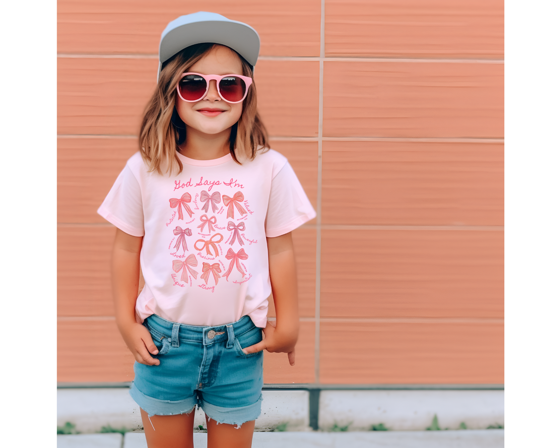 God Says I'm Coquette Bow Youth Faith Graphic Tee