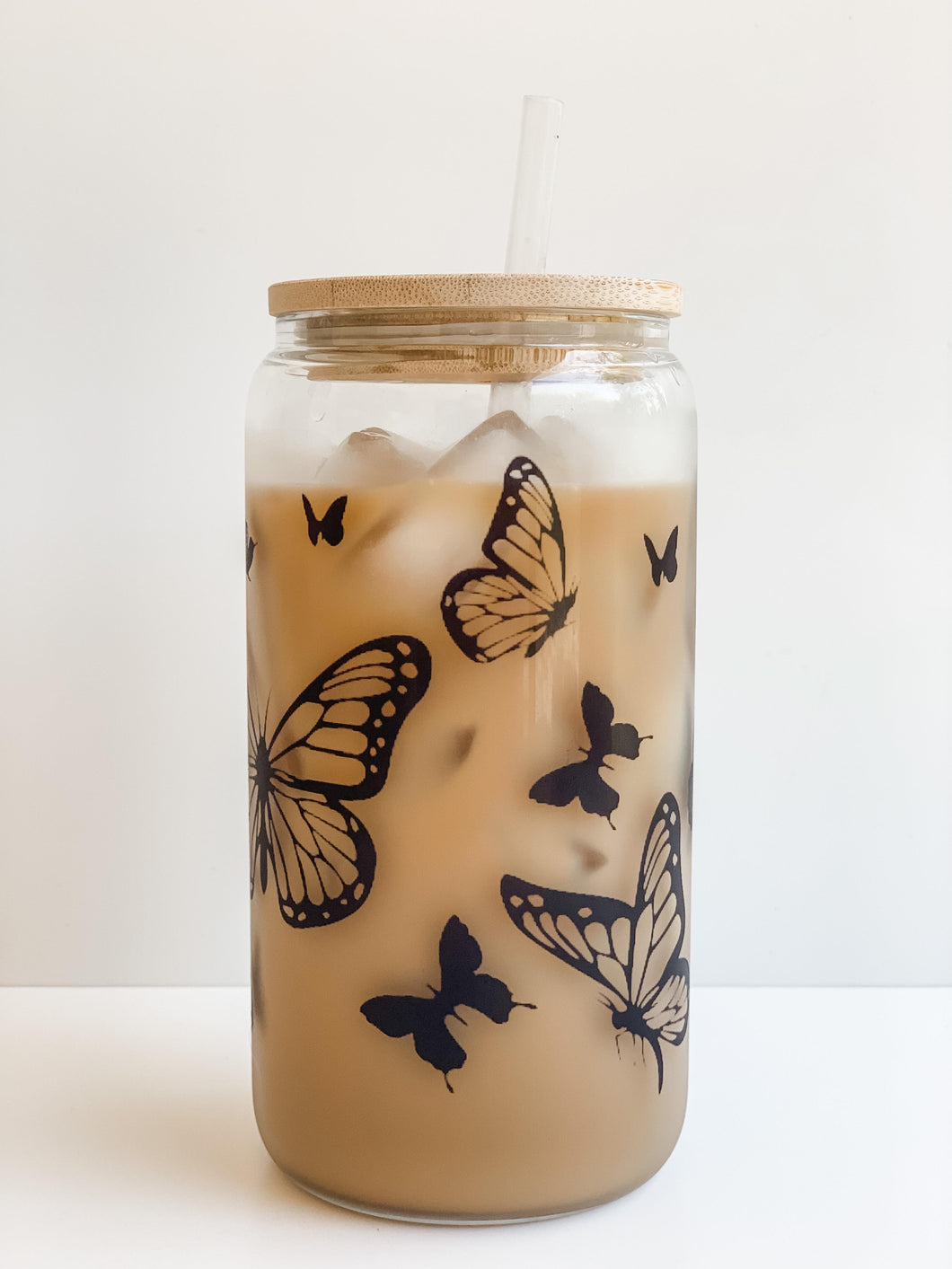 Butterflies 16oz Glass Can Cup with Bamboo Lid