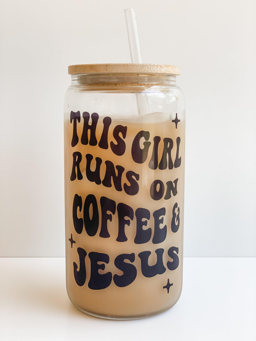 This Girl Runs on Jesus and Coffee 16oz Glass Can Cup with Bamboo Lid