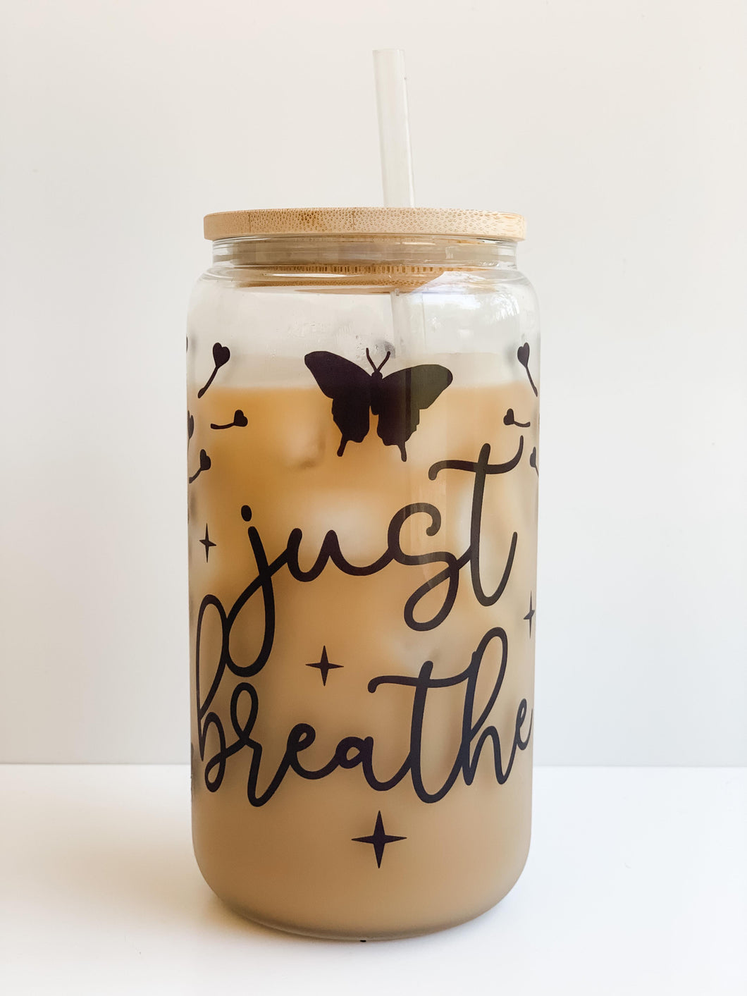 Just Breathe 16oz Glass Can Cup with Bamboo Lid