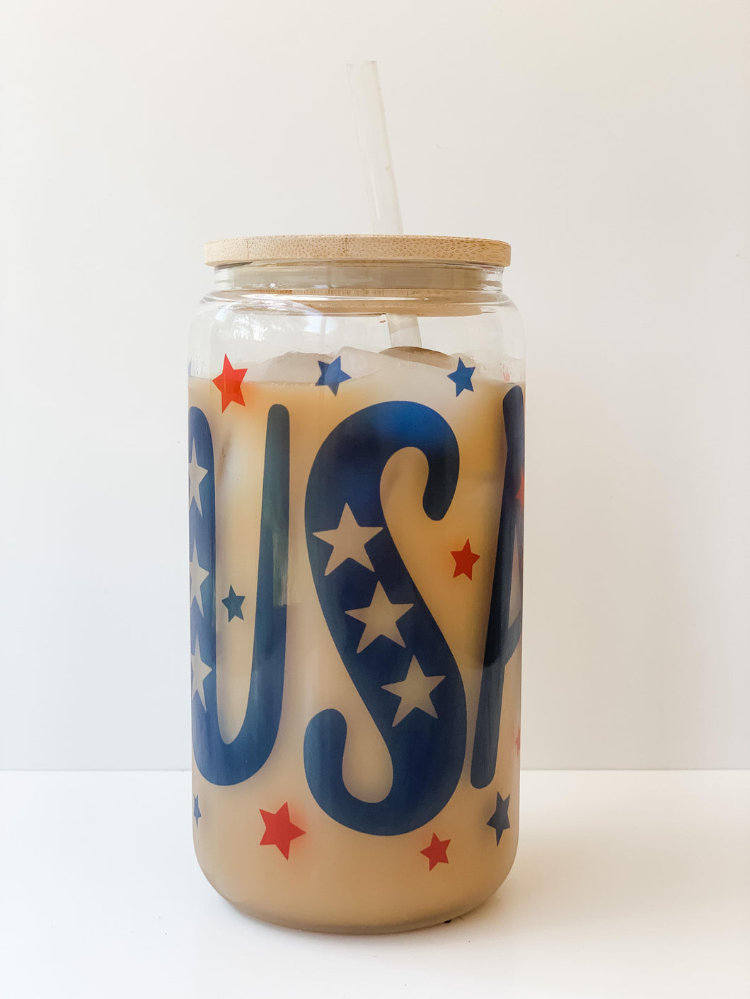 USA Patriotic 16oz Glass Can Cup with Bamboo Lid