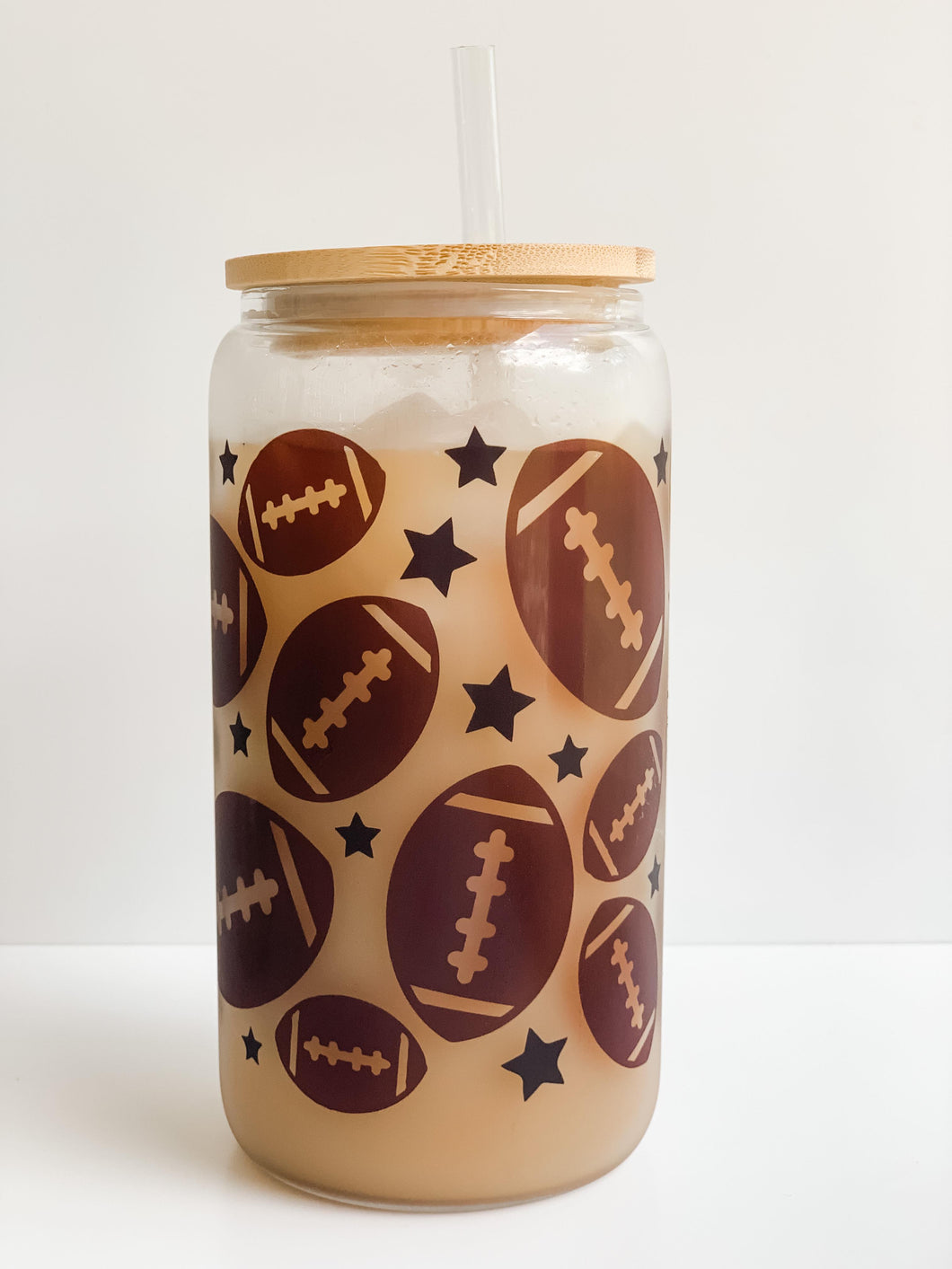 Football Wrap 16oz Glass Can Cup with Bamboo Lid