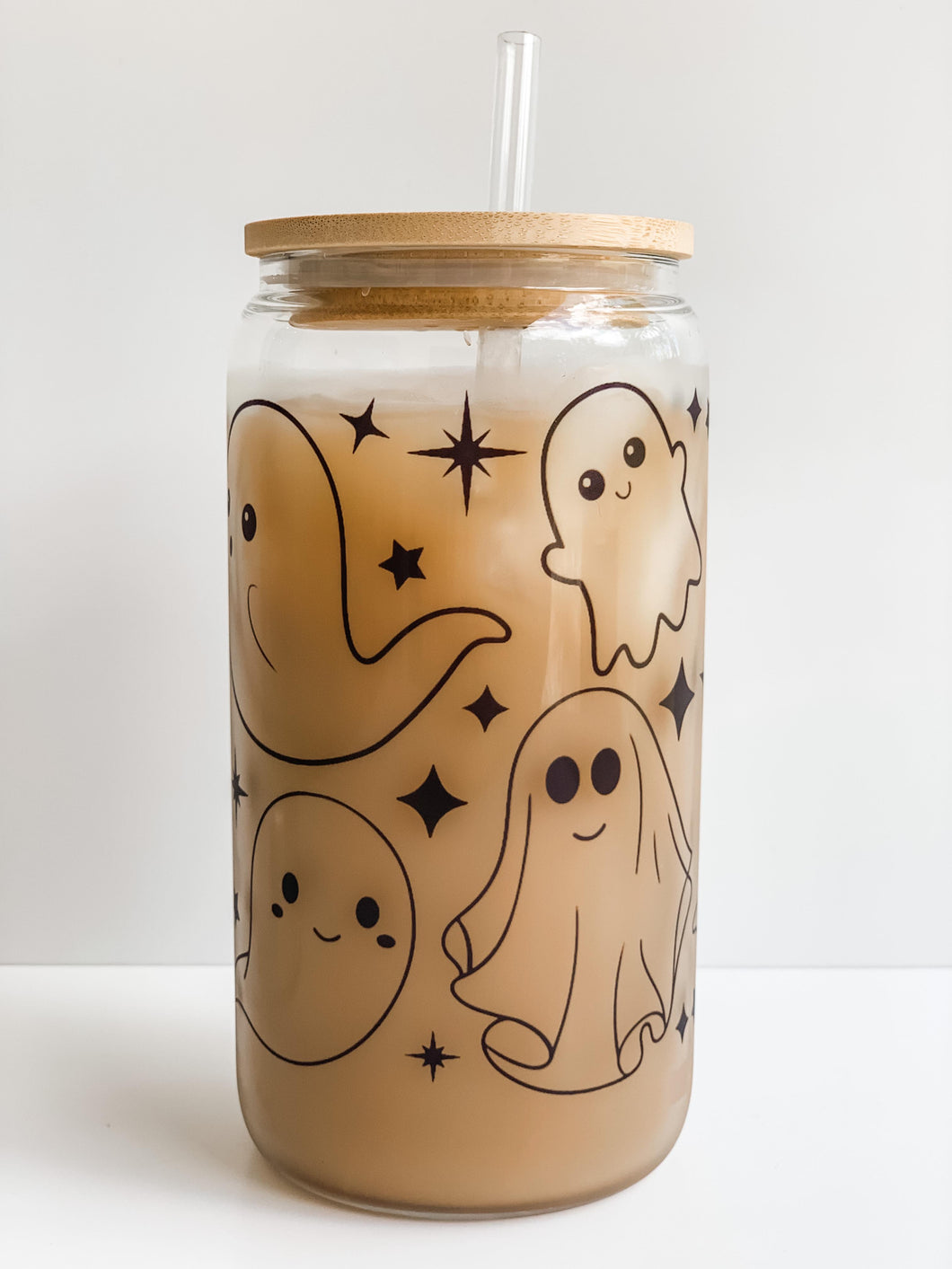 Cute Ghosts Wrap 16oz Glass Can Cup with Bamboo Lid