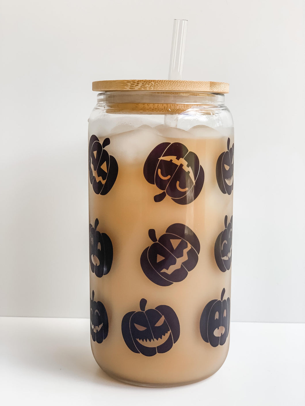 Jack O Lantern Wrap 16oz Glass Can Cup with Bamboo Lid