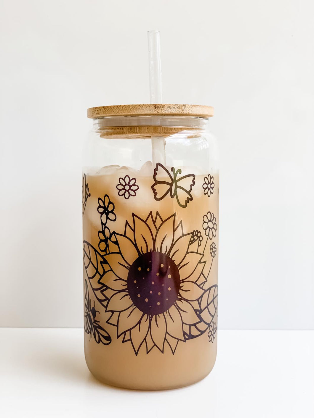 Sunflower Wrap 16oz Glass Can Cup with Bamboo Lid