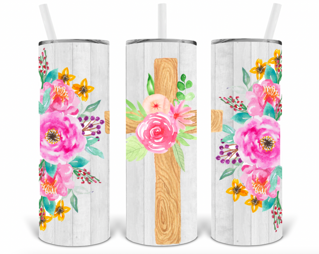 Floral Cross 20oz Insulated Tall Tumbler with Straw