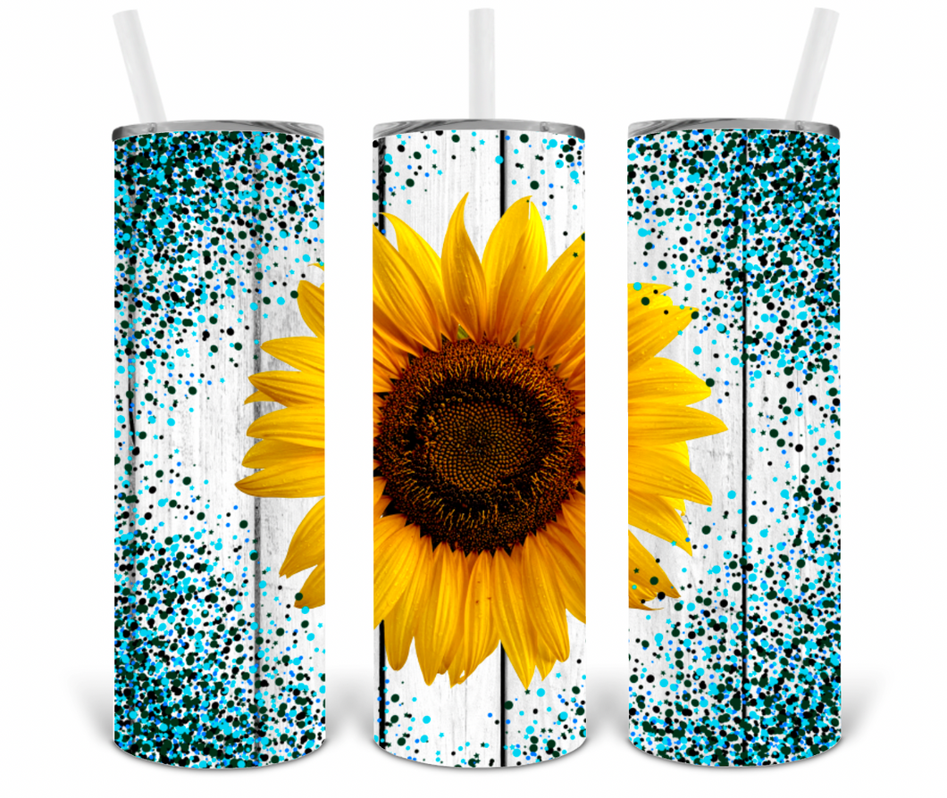 Faux Blue Glitter Sunflower 20oz Insulated Tall Tumbler with Straw